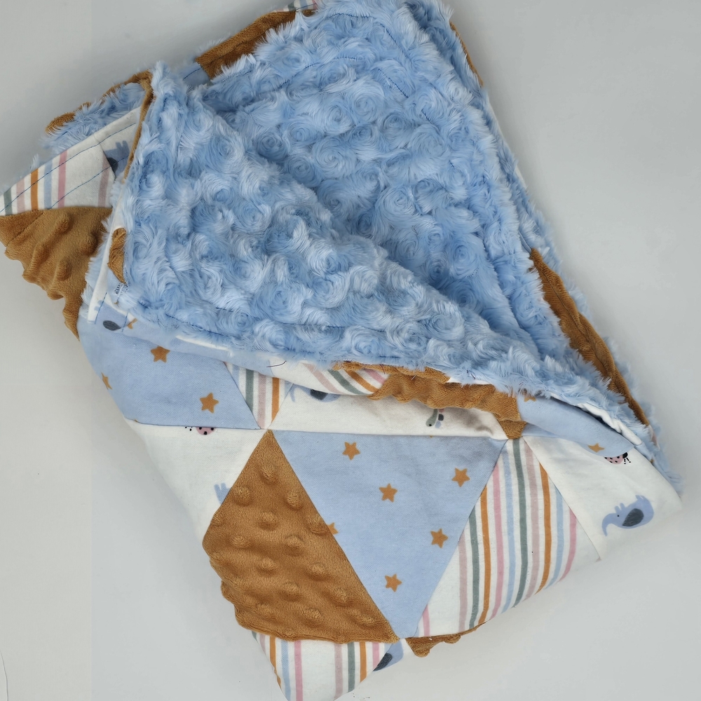 Cozy Blue and Tan Flannel & Fleece Triangular Patchwork Baby Blanket – 28” x 40”